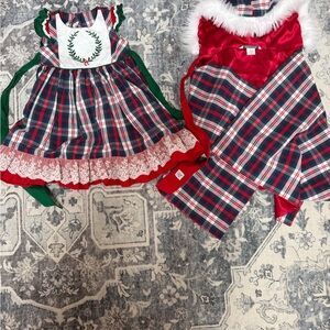 Holiday Plaid Girls' Formal Dress with Green Sash and White Appliqué